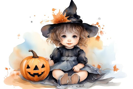 Cute little girl in witch costume with pumpkin. Halloween illustration.