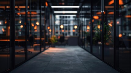 Blurred large office interior background at night time, Generative AI