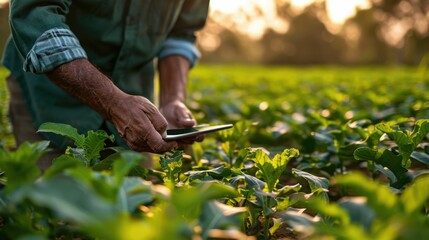 Obraz premium Farmer Using Mobile App for Precision Agriculture and Field Management