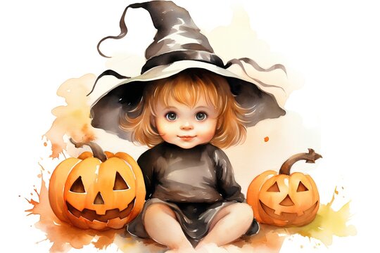 Halloween baby girl in witch costume with pumpkins. Watercolor illustration