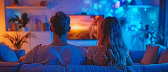 A young couple spending an evening at home watching a movie on TV.