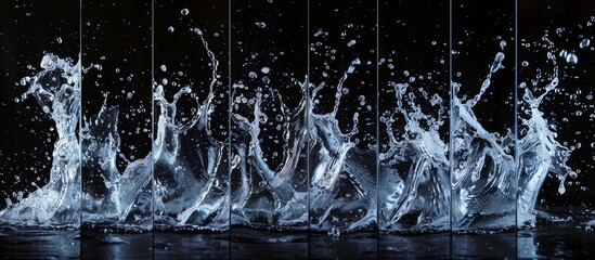 Numerous droplets of water creating splashes as they hit a black surface, forming a dynamic pattern
