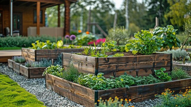 In a contemporary garden, wooden raised beds are used to cultivate flowers, vegetables, herbs, and spices next to a wooden farmhouse in the countryside.