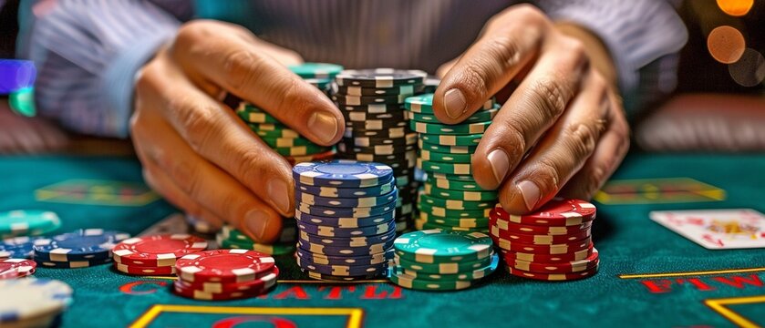 An image of a poker game is shown at a casino table, with a man's hands holding a stack of chips.
