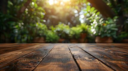 Wooden Table Top Basks in Sunlit Gardens Blurred Beauty - A Health Coaching Nature Concept