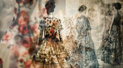 Blurred glimpses of intricate fashion designs and faded snapshots of iconic designers merge together in a defocused background inviting viewers to imagine the untold stories and histories .