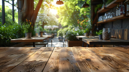 Wooden Table Top in Radiant Outdoor Cafe A Hyperrealistic Panoramic Canvas for Product Display