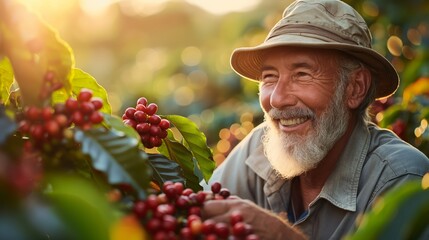 Joyful coffee farmer among ripe coffee cherries, Concept of sustainable agriculture, fair trade, and happiness in farming - obrazy, fototapety, plakaty