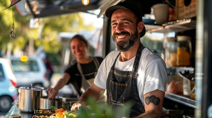 Cheerful male food truck owner serving with a friendly smile, representing small business hospitality and the concept of street food entrepreneurship.