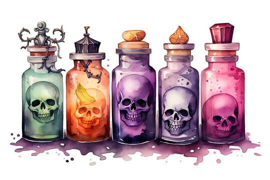 Bottles with magic potion and skull. Hand drawn watercolor illustration