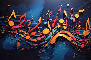 An abstract interpretation of music notes and sound waves dancing over a deep blue background design, symbolizing the energy of a dancehall with each note painted in bursts of neon colours design.