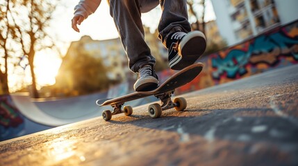 Skateboarder performing a trick at a skatepark, golden hour light creating dynamic shadows, Concept of urban sports and youth culture - Powered by Adobe