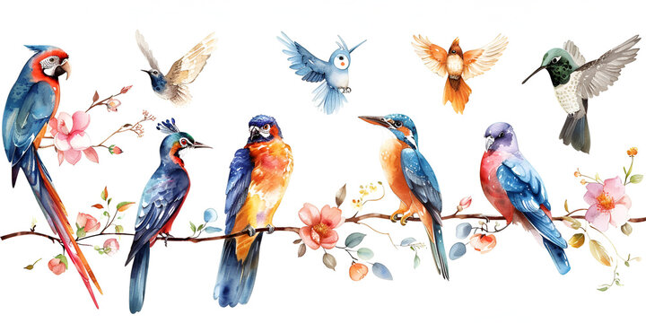 Watercolor birds set. Peacock, owl, pelican, parrot, humming birds collections. generative ai 