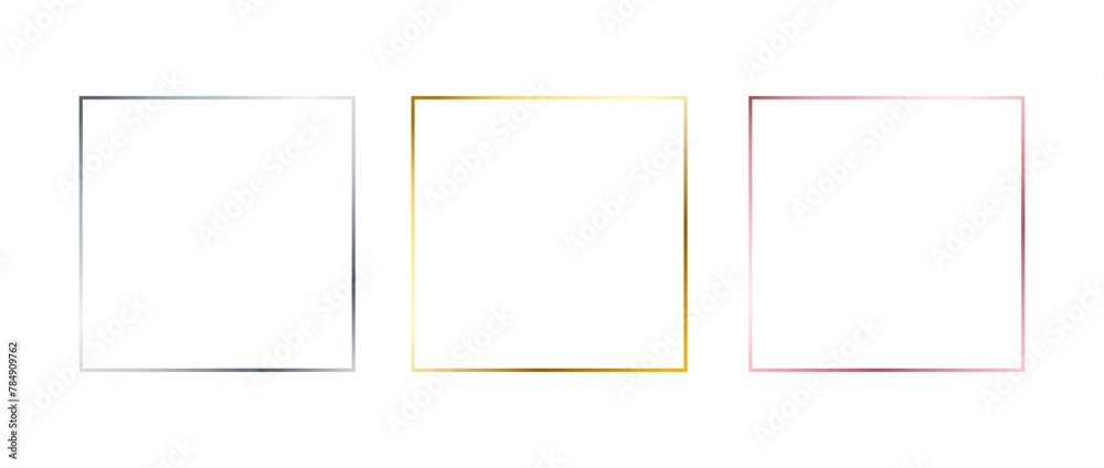 Poster silver, golden and rose gold thin frames. set of shiny square borders in art deco style. thin line g