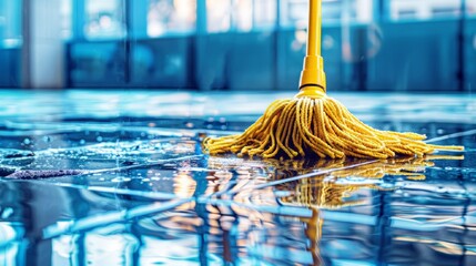 Cleaning ceramic tiles floor with mop.  Cleaning of the ceramic surface. The concept of cleaning the house. Cleaning service. - obrazy, fototapety, plakaty