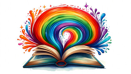 An open book with pages turning into a rainbow, representing diversity in literature