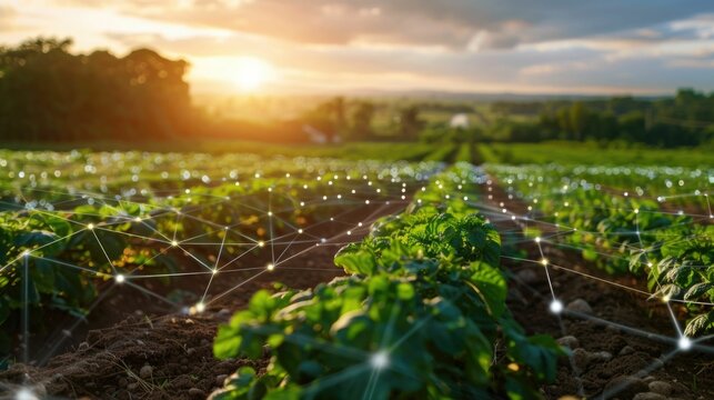 Innovative Smart Farm Landscape with Connected IoT Devices at Sunset - Powered by Adobe