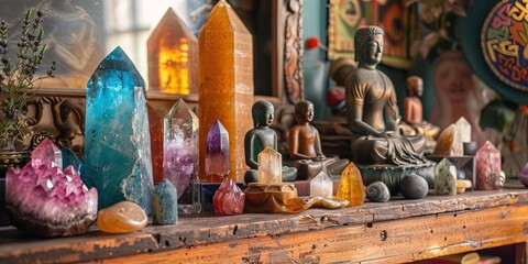 photo of meditation altar with colorful crystals 