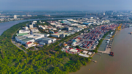 Aerial view from drone of Ho Chi Minh city port, canal system for traffic waterway on Saigon river,...
