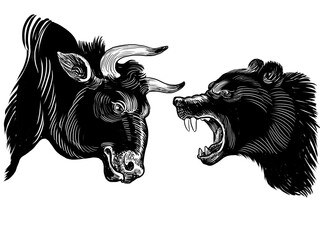 Fight between bull and bear. Hand drawn retro styled black and white illustration