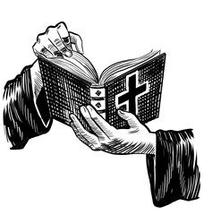 Hand with opened Bible. Hand drawn retro styled black and white illustration