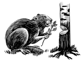 Beaver and birch tree. Hand drawn retro styled black and white illustration