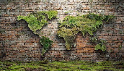photorealistic, world map on rotten brick wall and wood wall