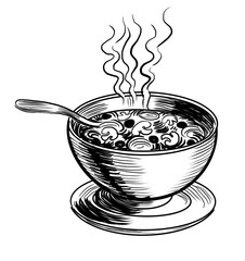 Bowel of a hot soup. Hand drawn retro styled black and white illustration