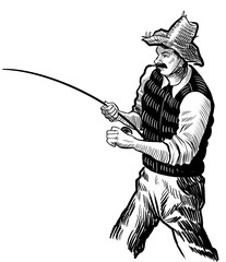 Fisherman with fishing rod. Hand drawn retro styled black and white illustration