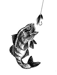 Fish and fishing hook. Hand drawn retro styled black and white illustration