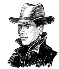 Man in hat. Hand drawn retro styled black and white illustration