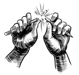 Hands breaking pencil. Hand drawn retro styled black and white illustration