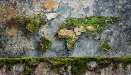 photorealistic, world map on rotten brick wall and wood wall