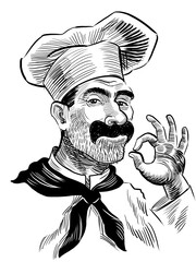 Chef character. Hand drawn retro styled black and white illustration