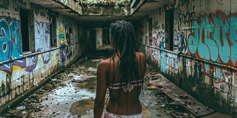 female model in urban abandoned warehouse with graffiti on concrete
