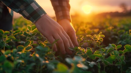 Close-up of hands gently touching soybean crops at sunset, sustainable farming concept - obrazy, fototapety, plakaty