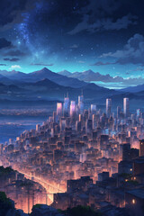 Urban buildings seen from the top of the mountain. Night with starry sky. In anime style vertical