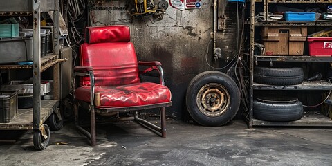 old garage filled with aged junk and tools - old tires and a worn red leather chair