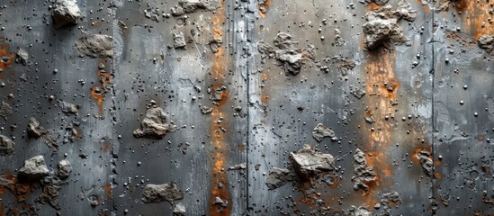A close up of an aged and weathered metal surface covered in rust and dotted with small rocks