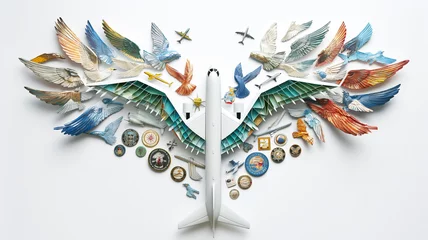 Foto op Canvas Artistic composition with a plane and various bird wings spread out, surrounded by travel and air force insignia. © Ritthichai