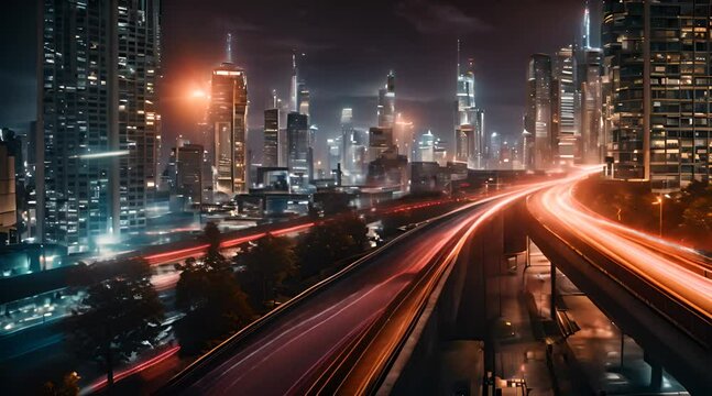 Nightfall in the Cyber Metropolis: Seamless Loop of Highway Trails and Building Reflections in a Technological Spectacle
