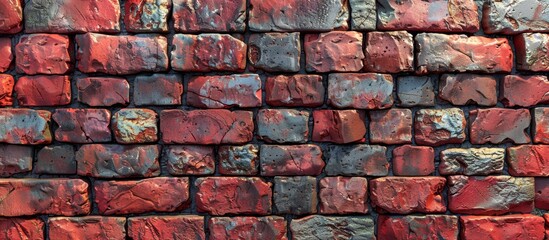 Brick wall painted with vibrant red and blue colors close-up showing texture and pattern