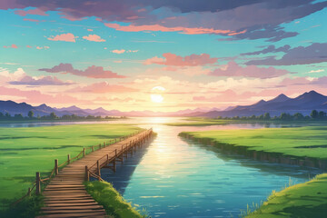 Wooden bridge crossing the river with green grass on land in the quiet twilight of sunset. In anime style