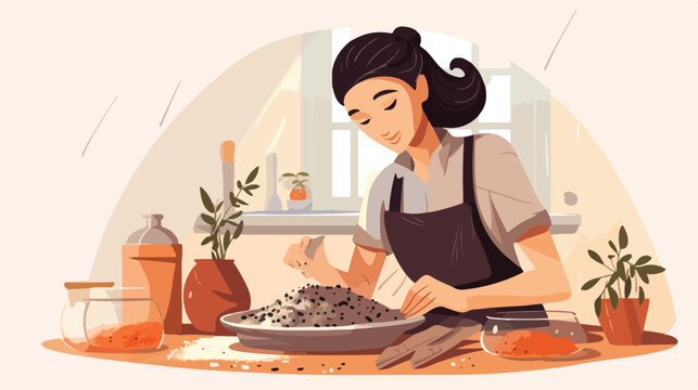 Woman preparing tasty pastry with poppy seeds at ta