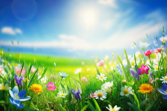 Spring meadow with colorful flowers. Nature background. Springtime.