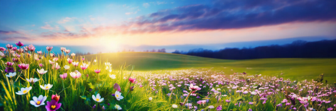 Spring meadow with wild flowers and sun at sunset. Beautiful nature panoramic background