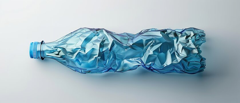 A close shot of an empty crumpled plastic bottle kept on a studio clean white surface for text or product, Generative AI.