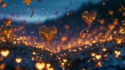 Golden heart-shaped lights glowing against a mysterious dark blue backdrop with a bokeh effect.
