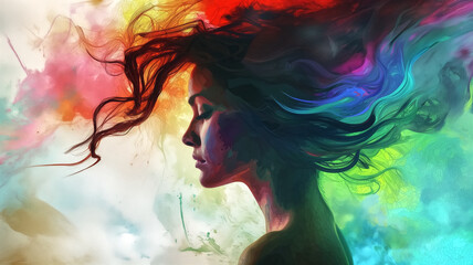 Artistic rendering of a woman in profile with her hair flowing in vibrant, colorful streaks against a soft, painted background.
