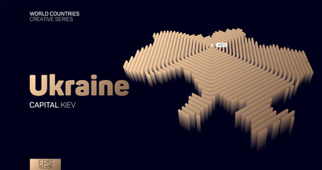 Isometric map of Ukraine with golden hexagon lines
